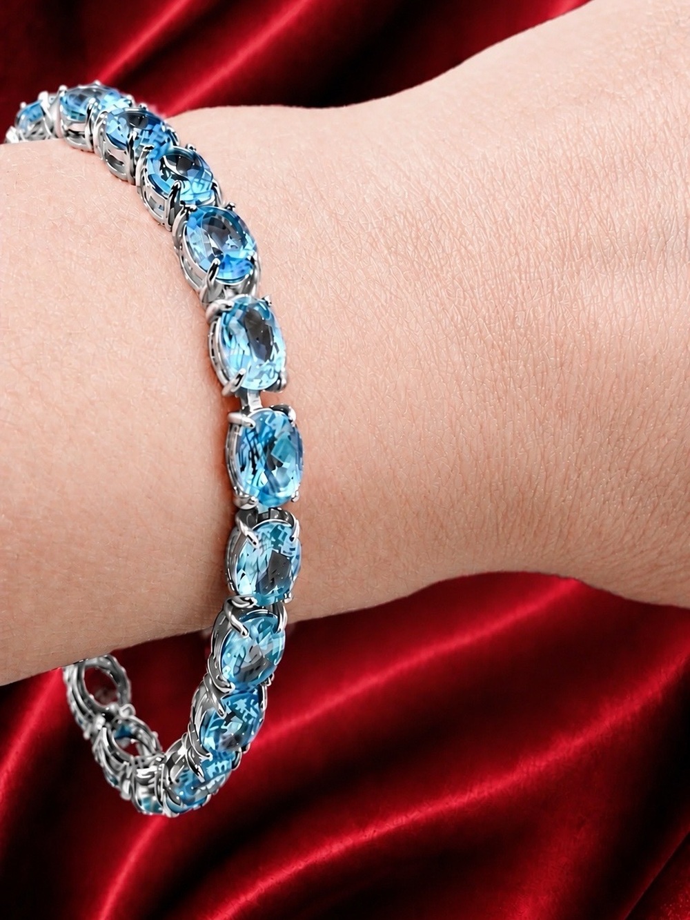 Swiss Large Blue Topaz Tennis Bracelet set in 925 Sterling Silver 7” Bracelet.